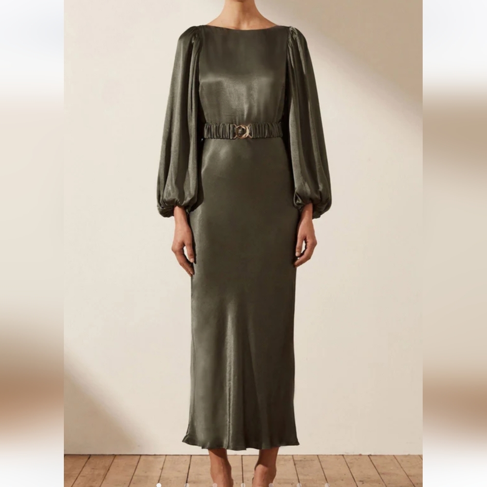 LUNE BALLOON SLEEVE MIDI DRESS WITH BELT